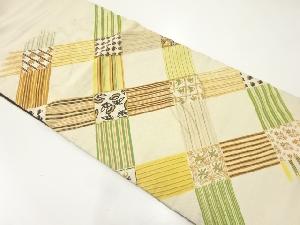 アンティーク　斜め格子に草花模様刺繍昼夜帯（材料）